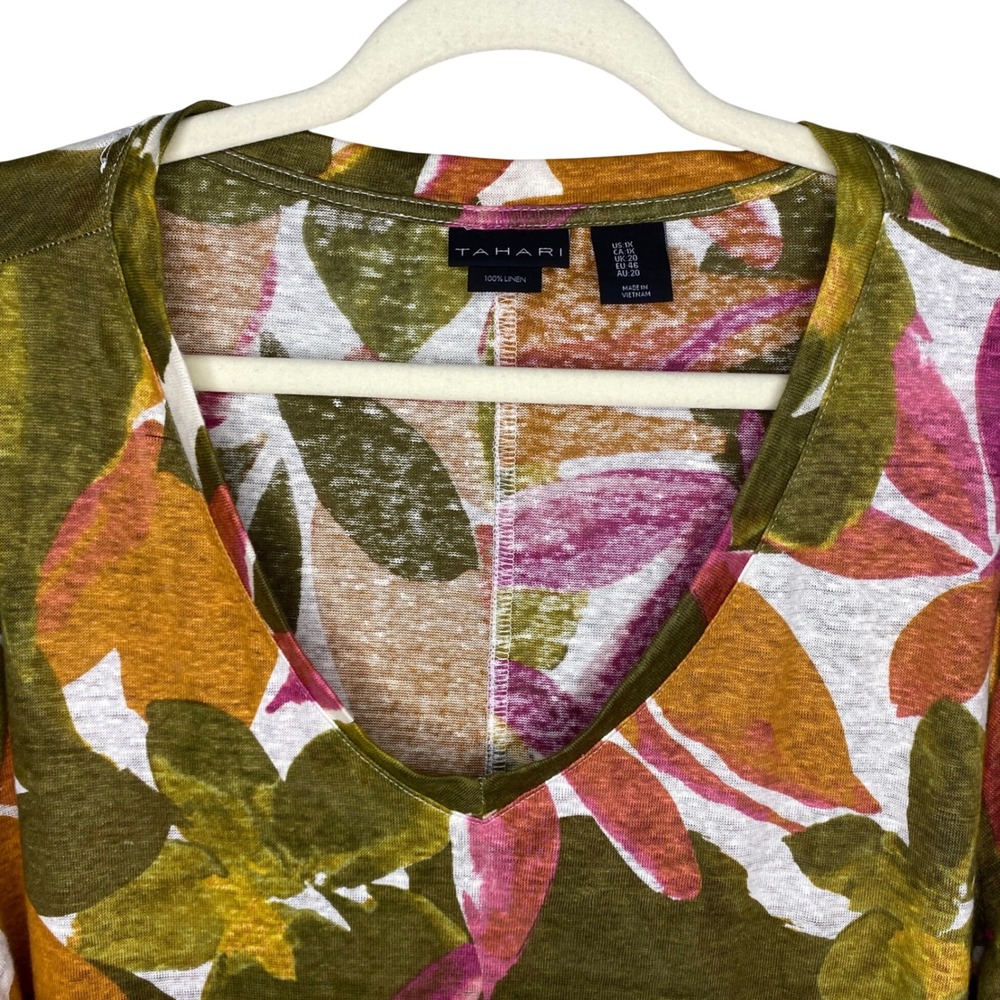 Tahari Womens 1X Linen Floral V-Neck Top 3/4 Sleeve Green Pink Tropical Blouse - Picture 4 of 10